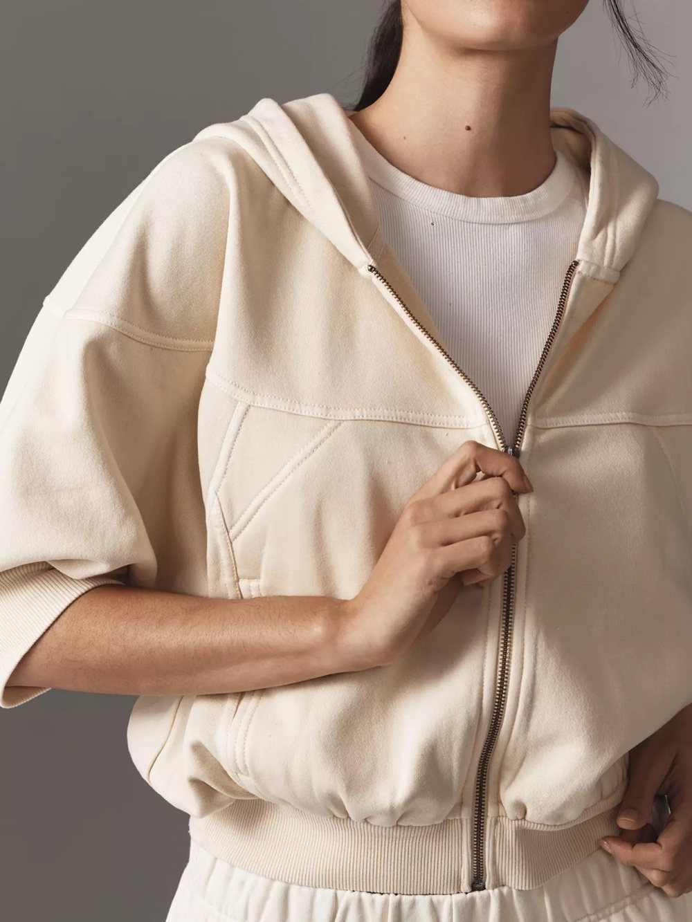 Daily Practice by Anthropologie Cropped Zip-Up Hoodie in Cream, size Small